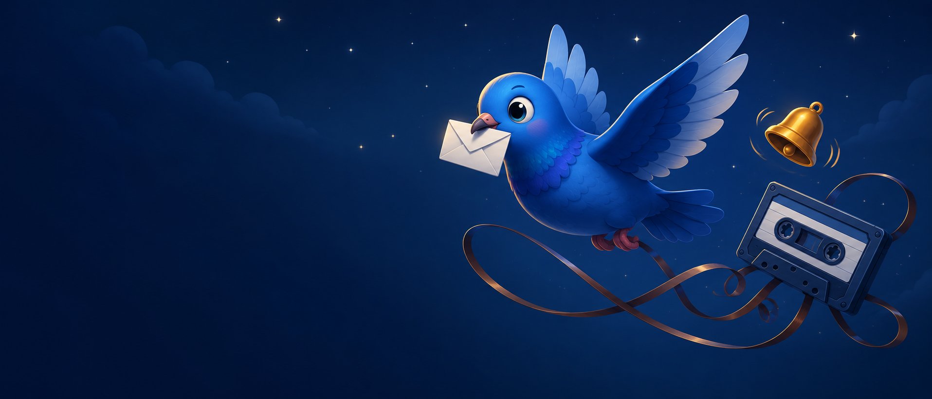 Portada del Paquete Comunicación en la X-Hub: un pájaro azul volando con un sobre en el pico, una campana sonando y un casete con la cinta desenrollada, en un cielo nocturno estrellado.