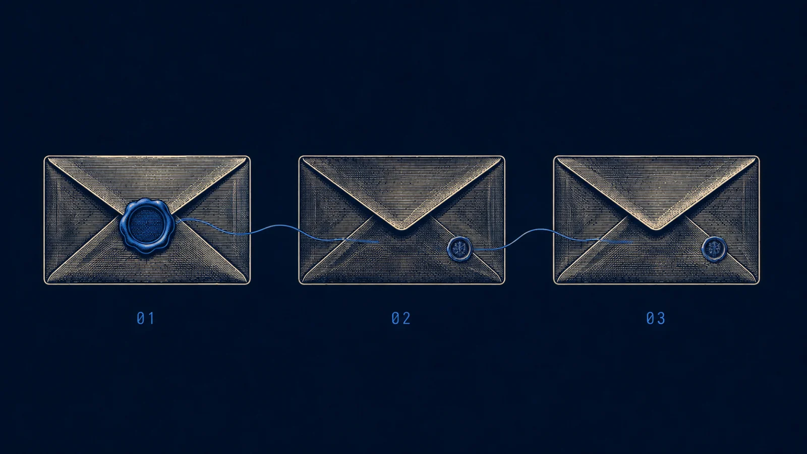 Três envelopes lacrados com cera, numerados 01, 02 e 03; um fio sai do lacre de cada um e entra no envelope seguinte.