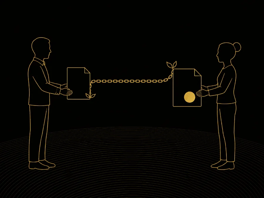 Two figures exchanging documents linked by a golden chain, one of them sealed