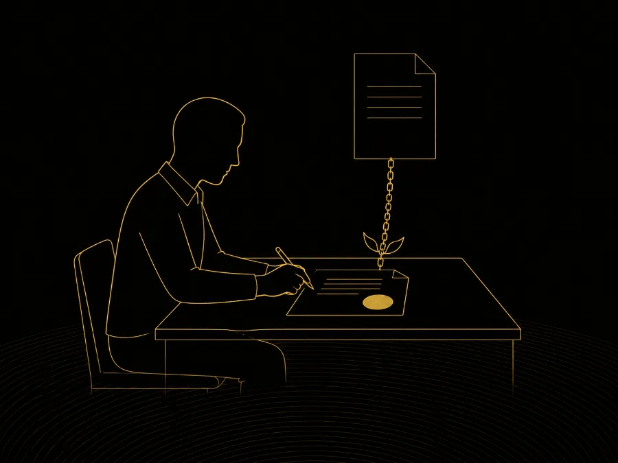 Two figures holding documents linked by a golden chain, one of them sealed