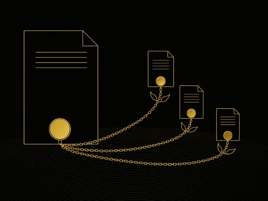 A large document sowing three smaller documents through chains of gold