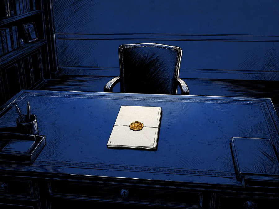 an office desk with the chair empty and the sealed document at the centre