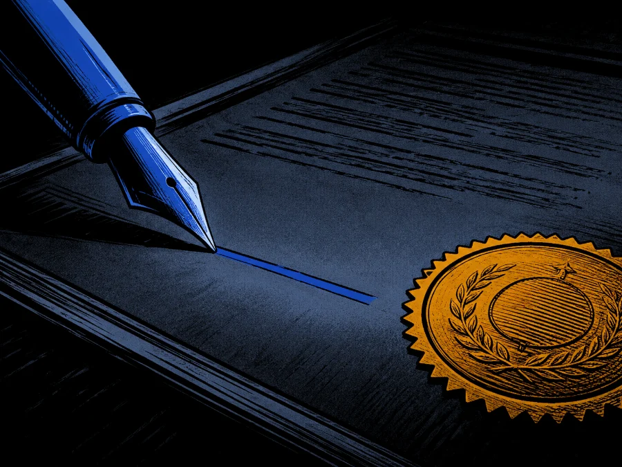 a quill tracing the empty line where the signature will not go, next to the seal