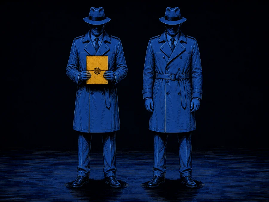 two identical faceless figures, one of them holding the sealed document