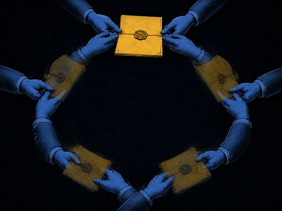 a circle of hands passing the same sealed document along