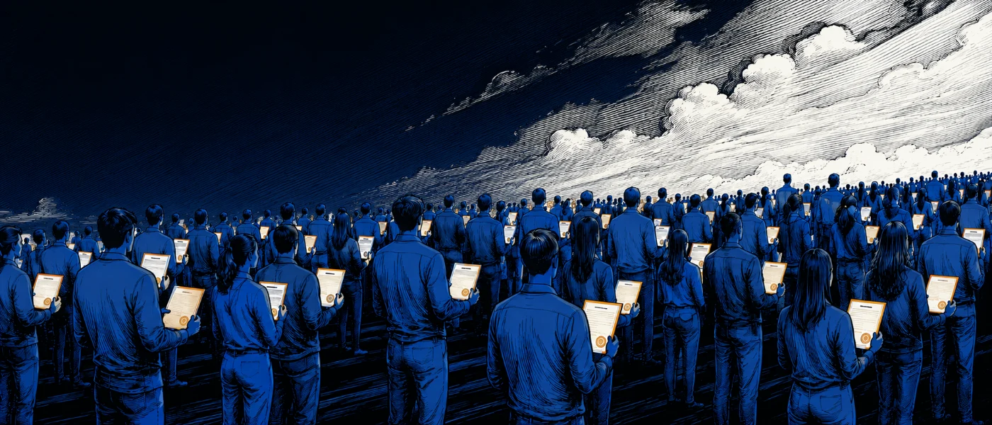 A crowd seen from behind, nobody facing forward, each person holding up the same sealed document