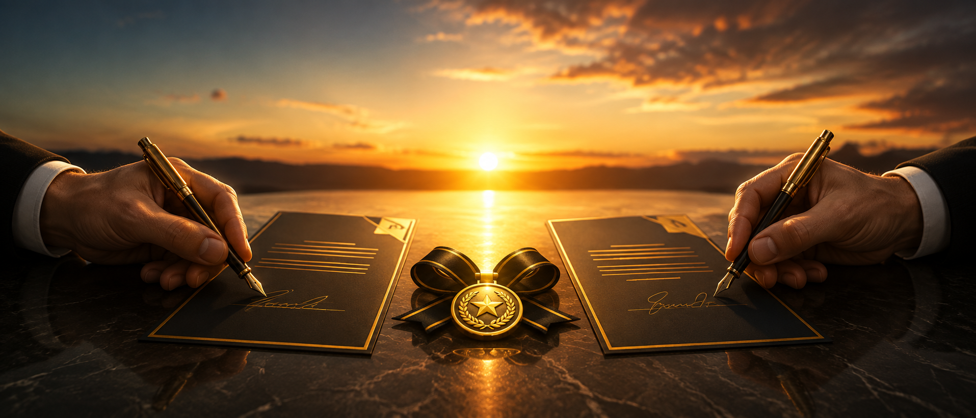 Duas mãos assinam ao mesmo tempo duas vias idênticas de um contrato, com uma medalha de ouro entre elas e o sol da hora dourada no horizonte