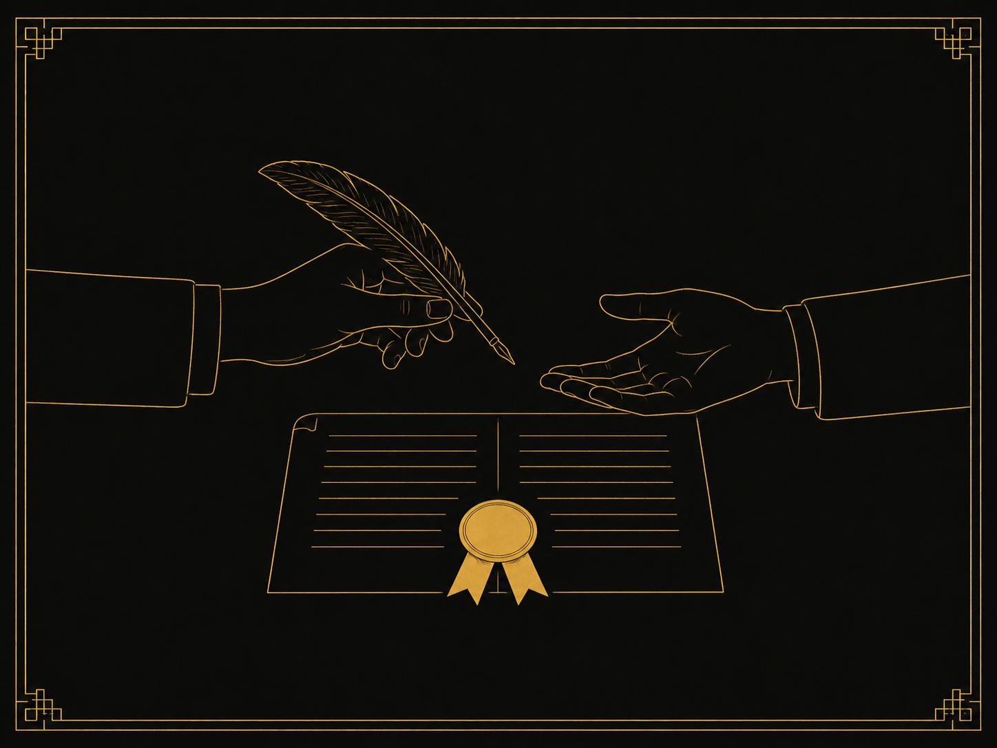 Uma mão entrega uma pena de escrever a outra mão, sobre um documento aberto com a medalha de ouro ao pé