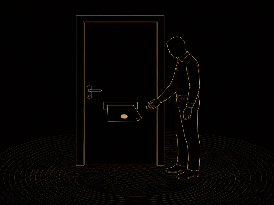 figura recebendo o aviso selado pela fenda da porta