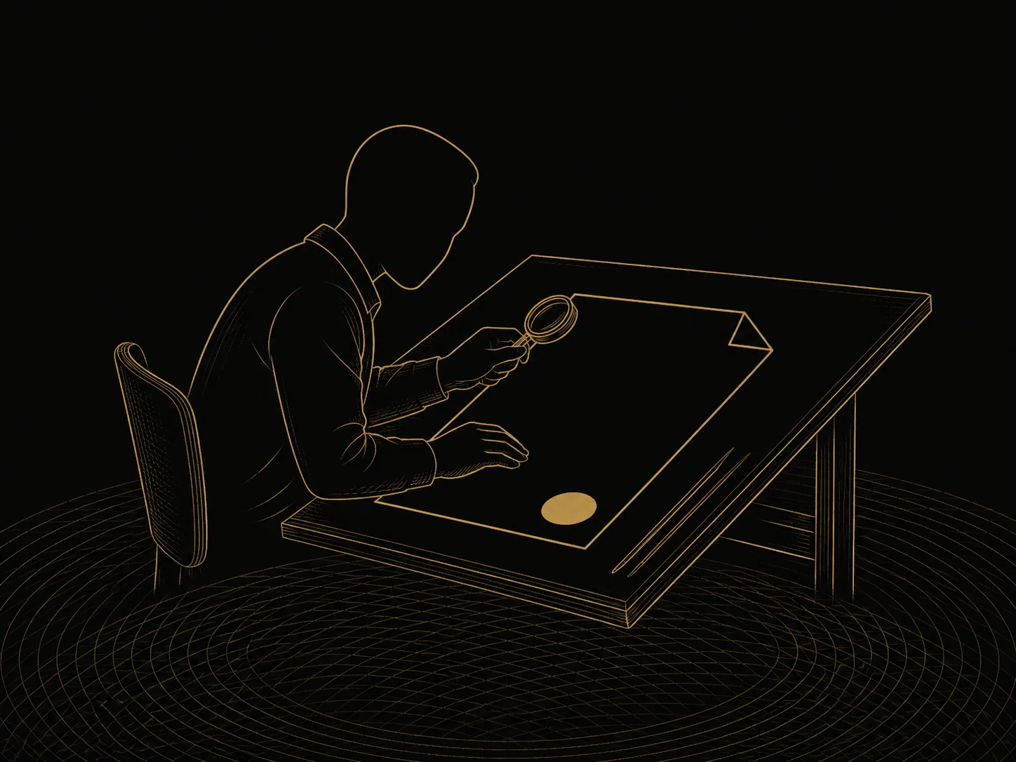 figura com lupa examinando o laudo selado sobre a mesa de trabalho