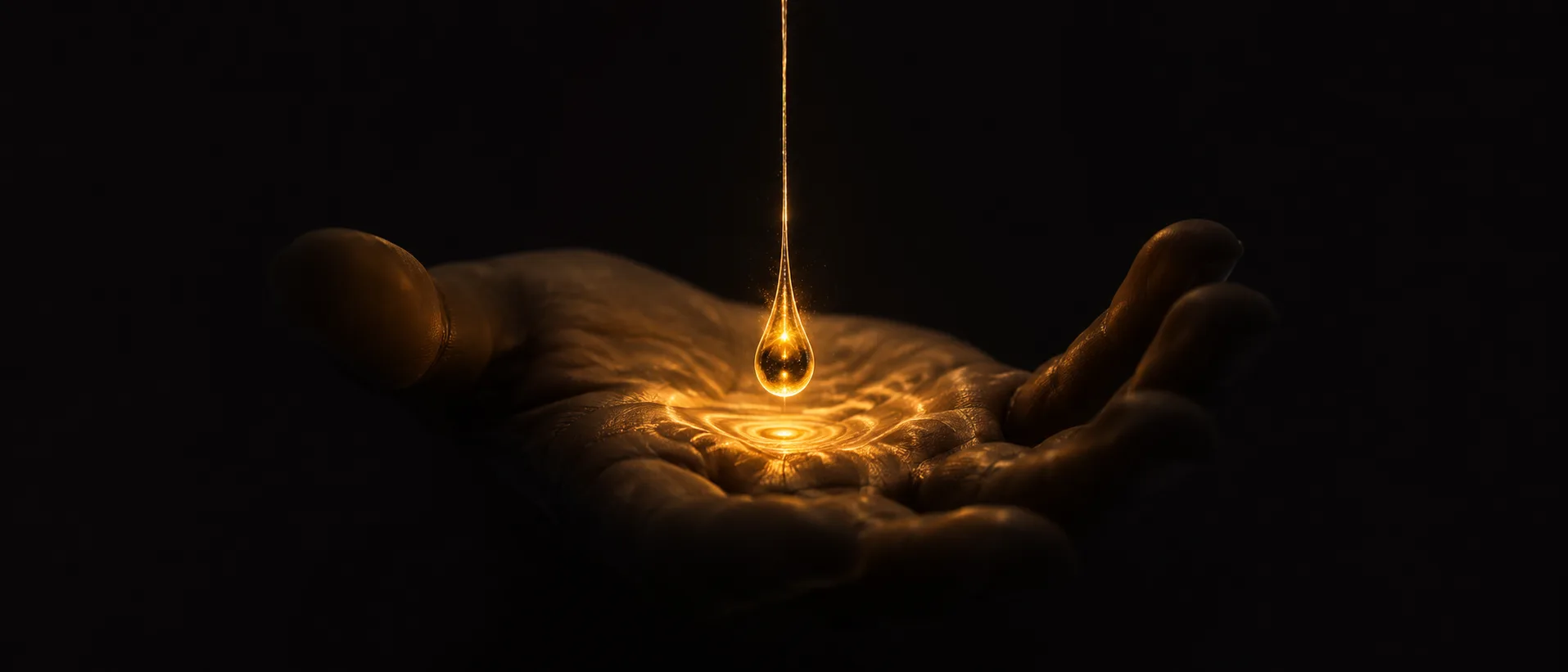 Una gota de luz dorada cayendo en una mano humana abierta, ondas de energía en la palma