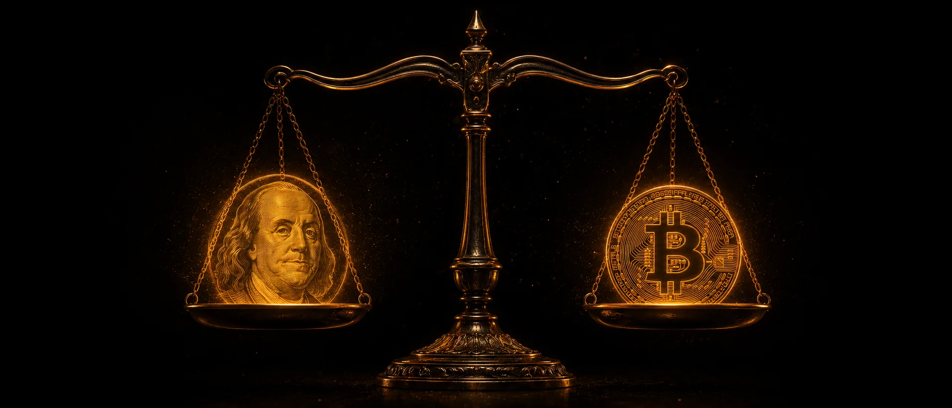Balanza antigua de bronce en equilibrio perfecto: a la izquierda el rostro grabado del billete de cien dólares en ámbar, a la derecha una moneda de Bitcoin con circuitos encendidos