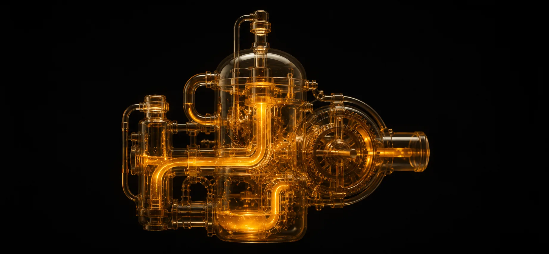 Máquina de vidrio transparente con engranajes y tubos visibles, energía ámbar fluyendo por dentro