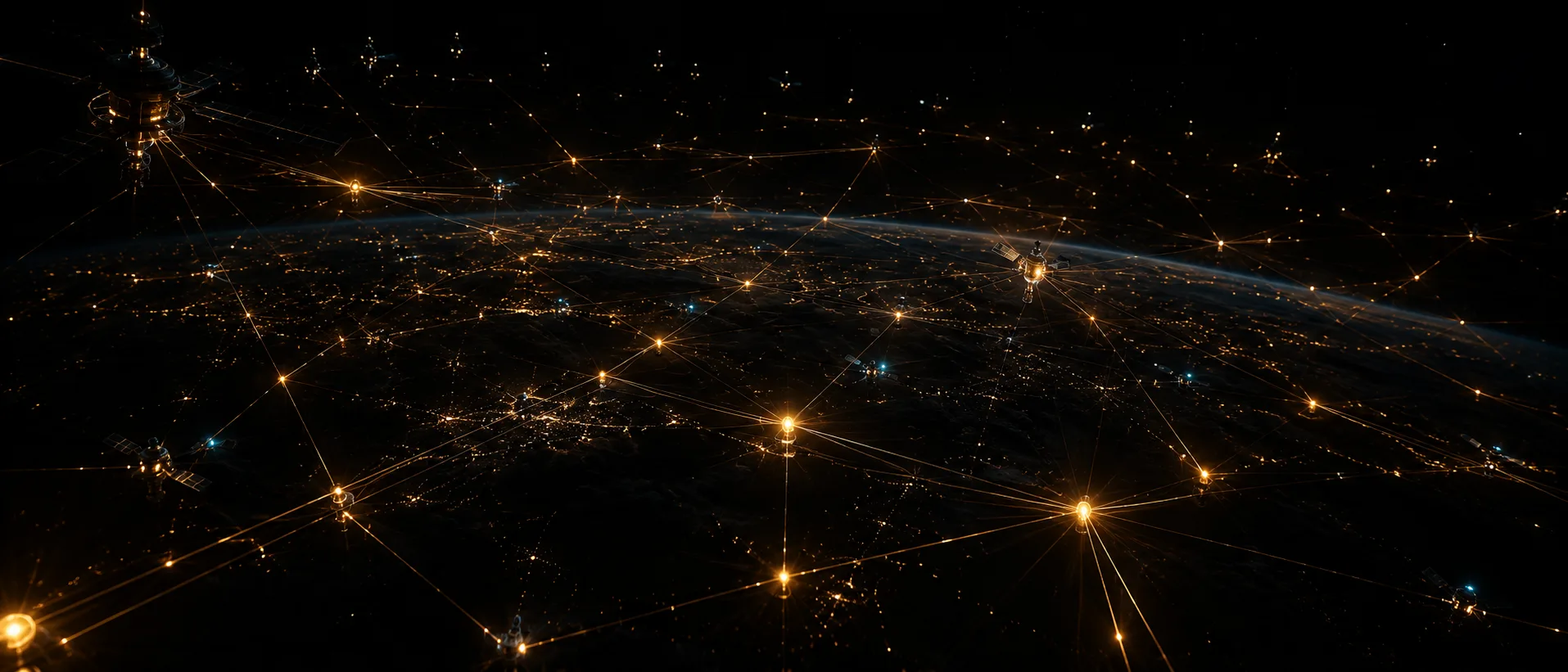Vista orbital nocturna: constelación de satélites y dispositivos intercambiando pulsos de energía dorada sobre la curvatura del planeta