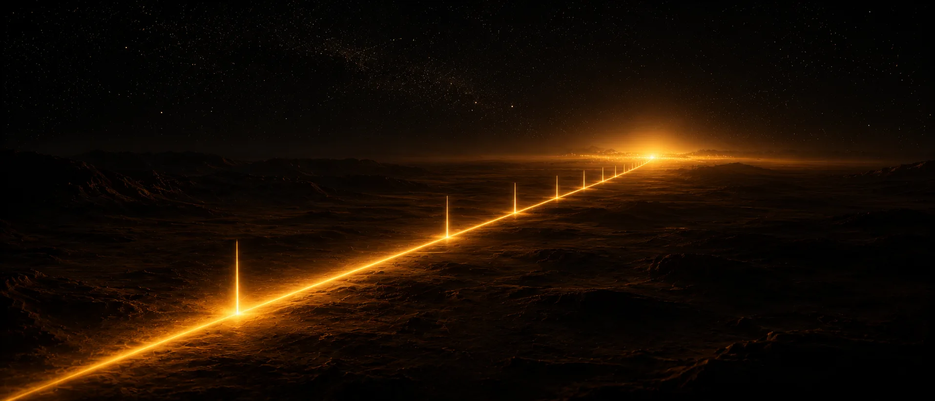 Camino de luz ámbar cruzando un paisaje oscuro y desierto hacia un horizonte que brilla, con pilares de luz marcando la ruta